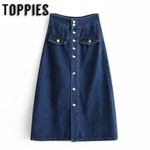 Винтажные джинсовые юбки на одной пуговице, женские юбки средней длины с высокой талией, женская модная уличная одежда
