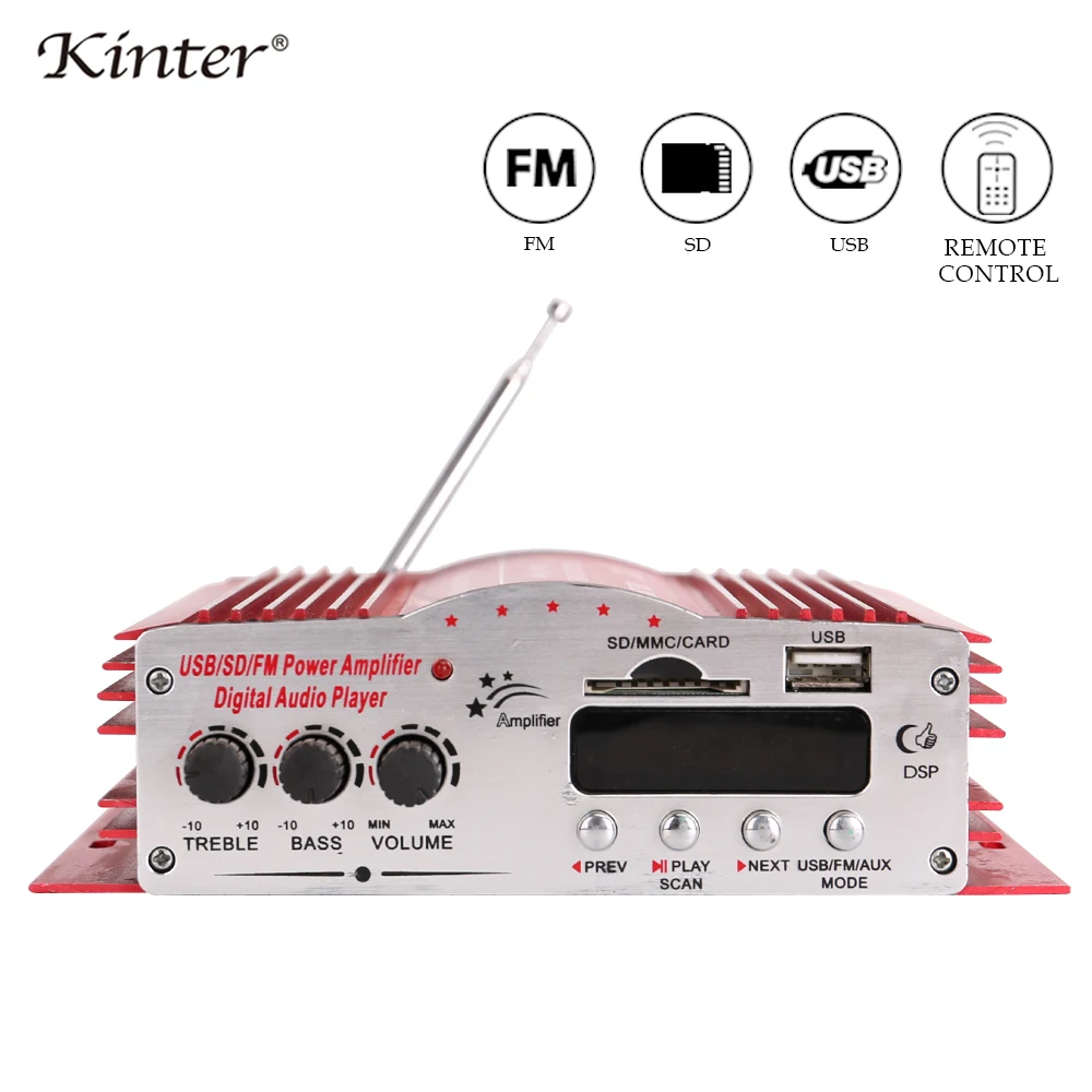 

Kinter MA-200 hi-fi Audio amplifier 4.0CH DC12V 30W with USB SD FM DVD CD MP3 input Player stereo sound mini red aluminum casing