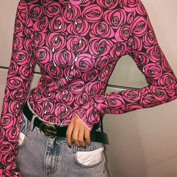 

Fashion T-Shirts Women Long Sleeve Rose Printed Top Ladies Tees Shirts Female Streetwear