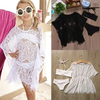 

Girls Split Two Pieces Swimsuit with Cover up Lace Hollow Bathing suit Beachwear