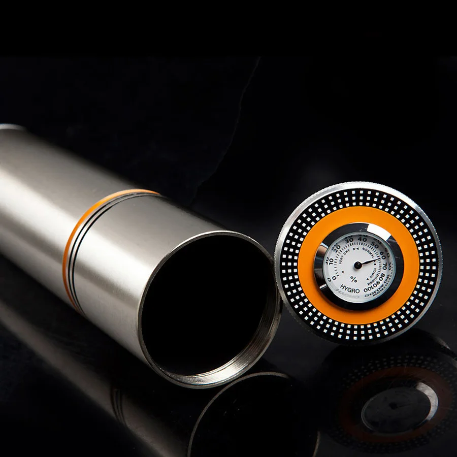 Silver Cylindrical Travel Cigar Hydrating Tube Humidor Hygrometer
