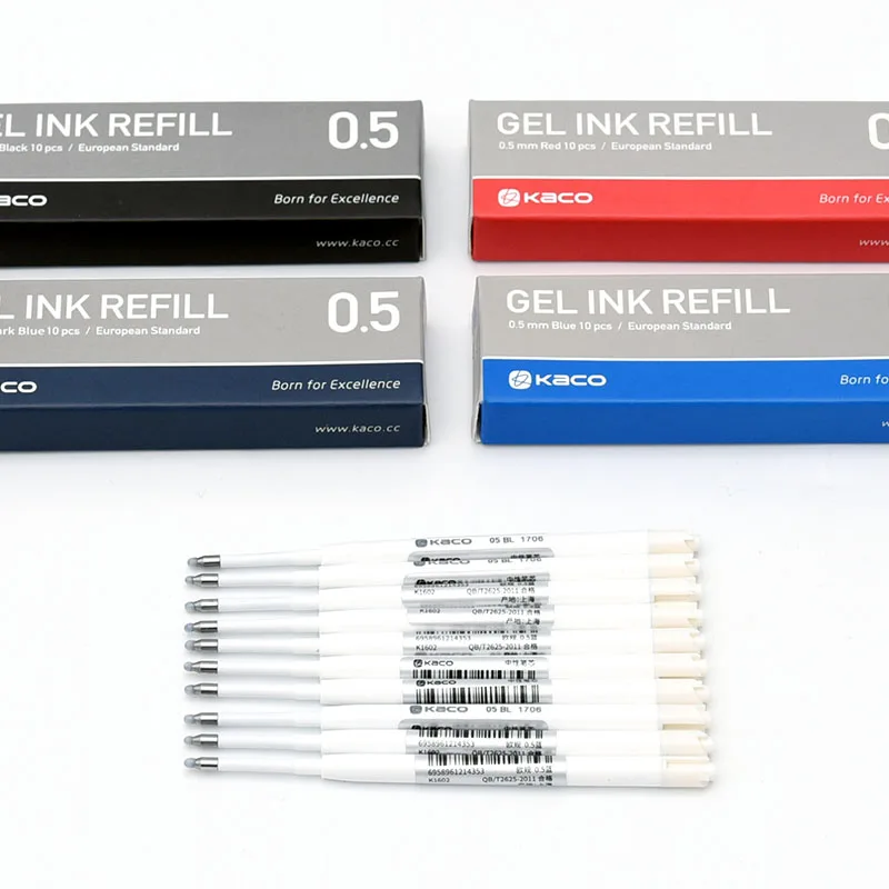 

Kaco European Standard Retractable Gel Pen Refill 10pcs/box Red Blue Dark-blue Black 0.5mm Replacement Gel Ink Refills