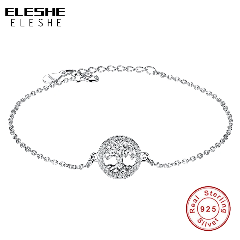ELESHE 925 Sterling Silver Tree of Life Link Chain Bracelet Cubic Zirconia Charm Bracelet for Women Fashion Jewelry Pulseiras