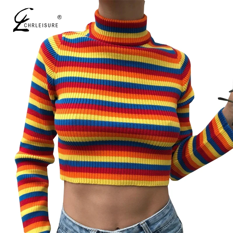 

CHRLEISURE Sexy Rainbow Stripes Women T-Shirt Sexy Turtleneck Female Crop Top Casual Tight Long Sleeve Women's T-Shirt