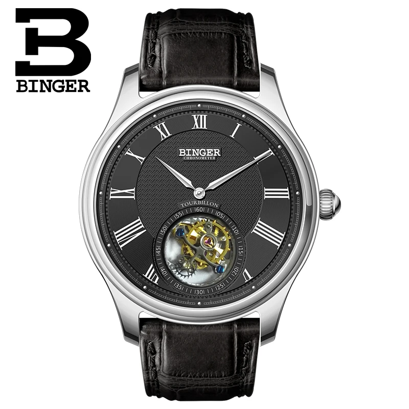 Мужские часы BINGER TOURBILLON из натуральной кожи крокодила водонепроницаемые с