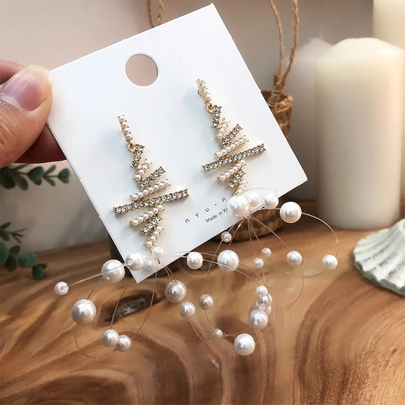 

MENGJIQIAO 2019 New Korean Crystal Rhinestone Ear Line Long Earrings For Women Elegant Simulated Pearl Wedding Oorbellen Jewelry