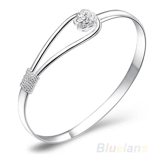 

New Fashion jewelry Silver Simple Circle Flower Rose Cuff Bangle Bracelet 099T