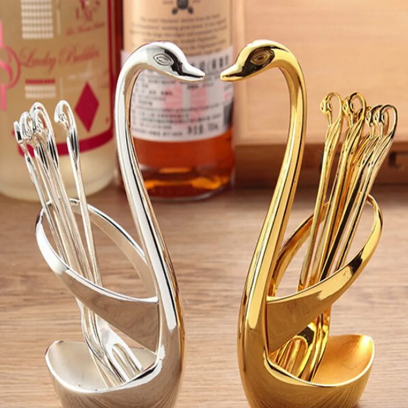 

Fashion cake snacks dessert fork set cute little swan fruit fork coffee spoon rack dinnerware spoon set