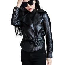 Кожаная куртка женская мода весна овчины Натуральная кожа пальто воротник с лацканами с бантом на поясе офис леди тонкий черный пиджак
