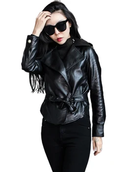

Leather Jacket Womens Spring Fashion sheepskin genuine leather coat lapel collar bow belt office lady slim black jacket