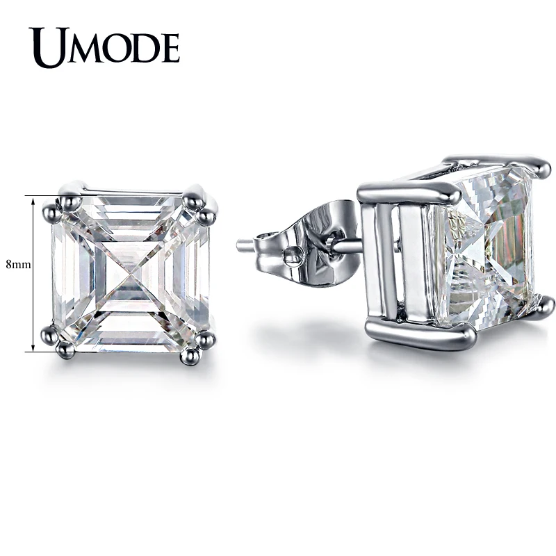 UMODE 8mm 2.5 Carat Asscher Cut CZ White Gold Color Cubic Zirconia Post Stud Earrings Set Fashion Jewelry for Women UE0187B