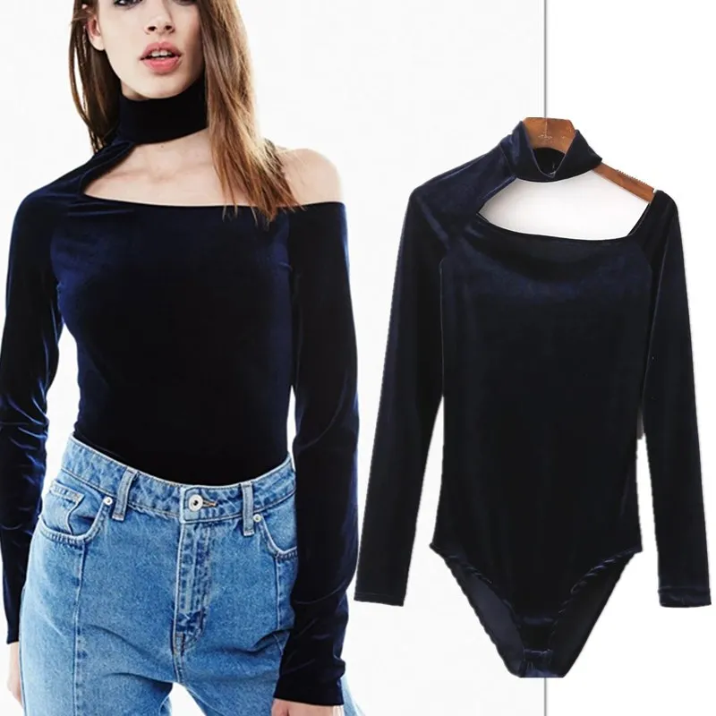 Jellpe Solid Sexy Velvet Bodycon Bodysuit 2018 Halter Velvet Bodysuit