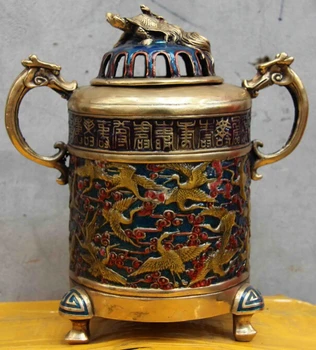 

song voge gem S0907 8 Folk Copper hundred Red crown Crane tortoise Longevity Censer Incense Burner