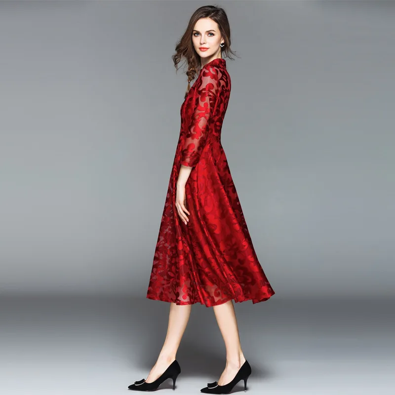 

2019 Women Spring Summer Dress Lace Flower Chiffon Dress Casual O-neck Long Sleeve A Line Slim Fit Long Elegant Dresses Vestidos
