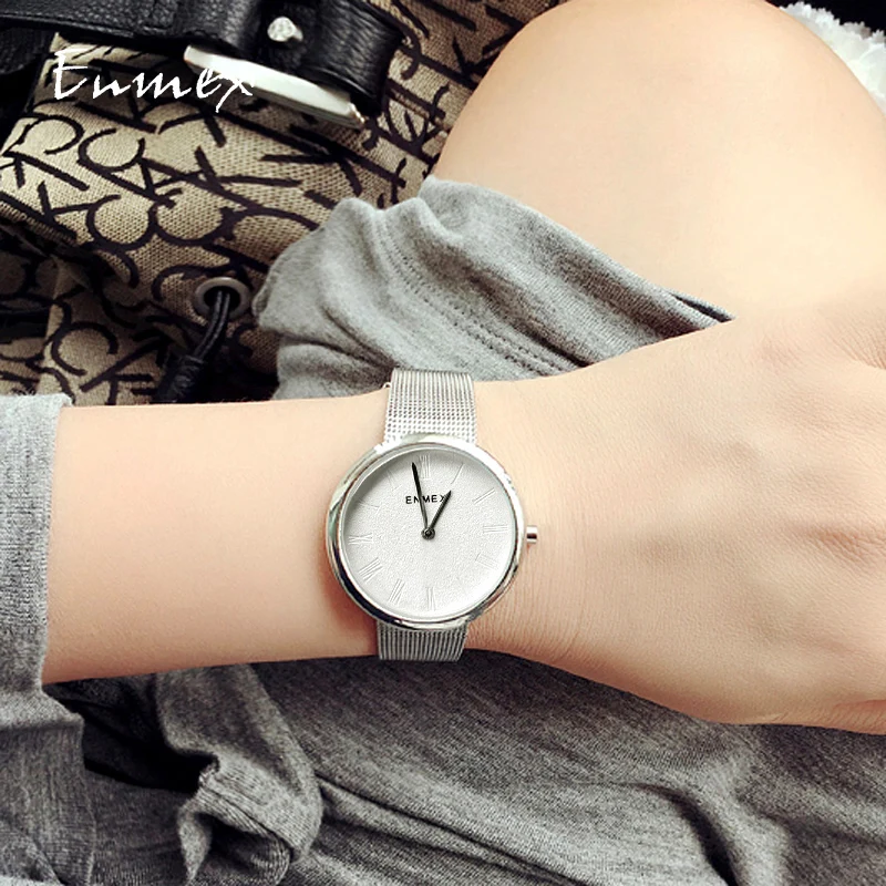 

2019 Ladies gift Rounded case watch Enmex simple design steel steel brief face silver plating quartz fashion wristwatch