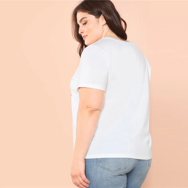 Модная футболка размера плюс с контрастными пайетками и буквенным принтом, женские летние топы, Повседневная модная футболка с коротким рукавом