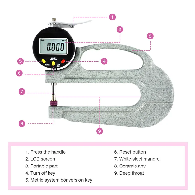 0-10mm Digital Thickness Gauge Electronic Leather Film Paper Plate Thickness Meter Tester 0.001mm Resolution Long Handle Measure (6)