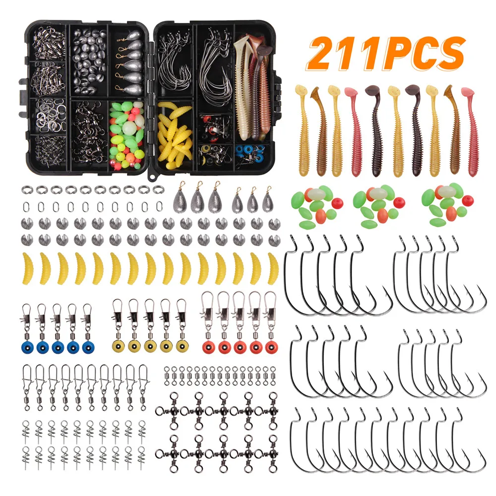 

211pcs Fishing Tackle box Kit include Fishing Sinker Weights jig Hook grub lure rolling swivels for Fishing Accessories