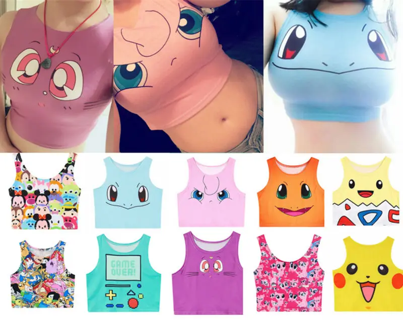 

Summer Harajuku Sexy Girls Cosplay Costume Pokemon Go Pocket Monster Sailor Moon Crystal Crop Tops Vest Tank Tops Shirt