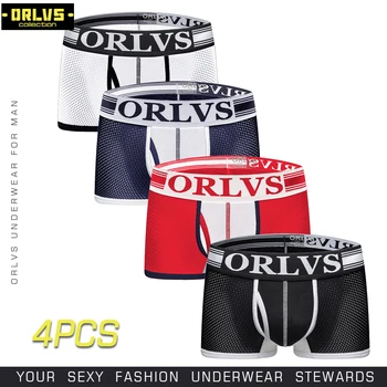 

ORLVS 4PC/LOT Sexy Men Underwear Boxer Male Underpants Mesh boxershort Men Breathable Cueca Gay Penis Nylon Panties Mens Boxer