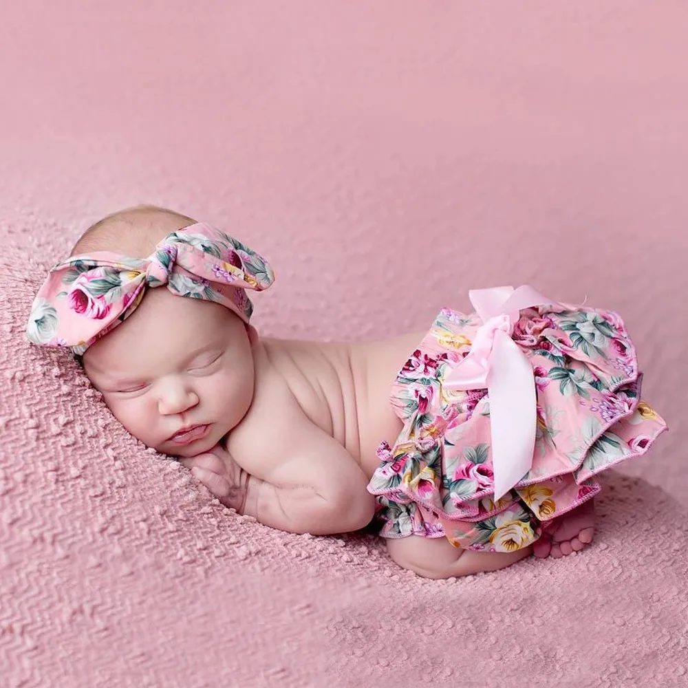 Image Floral Bloomer Shorts Woolen Baby Ruffle Bloomer with Diaper covered Matching Flower Headbands Newborn Photography Props