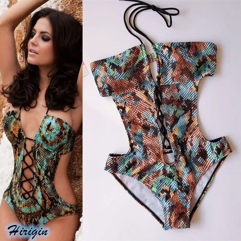 

Sexy Lace Up Swimsuit 2019 New Women Summer Sexy Halter Lace Up Push-up Padded Snake Print One Piece Swimsuit