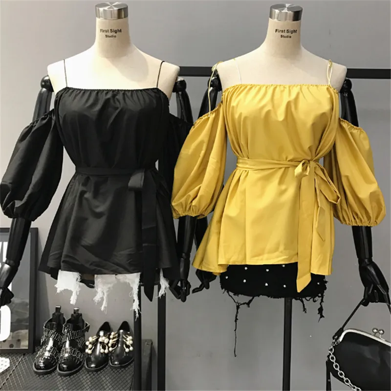 

[Alphalmoda] Women's Candy Color Lantern Sleeve Medium-long Loose Blouses with Waist Belt Slash Neck Casual Tops