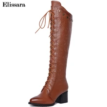 Elissara/женские сапоги до колена на высоком каблуке; женские мотоботы из натуральной кожи и искусственной кожи с принтом; женская обувь на молнии и шнуровке; большие размеры