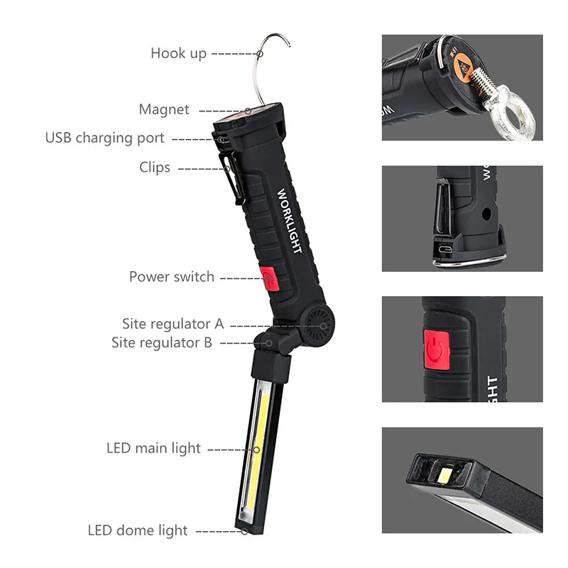 Conduziu a Luz de Inspeção do Trabalho Modos Recarregável Lanterna Magnética Gancho Pendurado Tocha Lâmpada Bateria Embutida Cob 5 Usb 7 trabalho 5 modos usb recarregável lanterna magnética