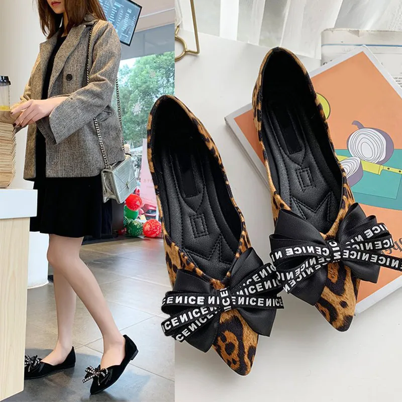 

2019 New Ladies Sweet Big Bow-Knot Flats Leopard Printed Pointed Toe Women Loafers Spring Autumn Fashion Casual Shoes