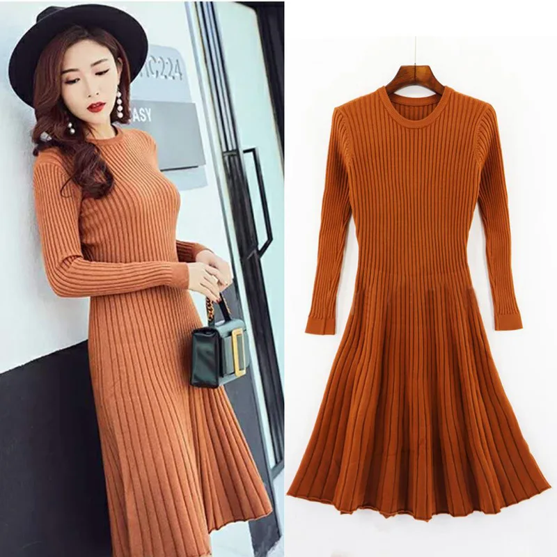 2018 autumn winter basic long sweater Dress Women o-neck slim thick sweater robe Dress female solid basic knit bodycon dress