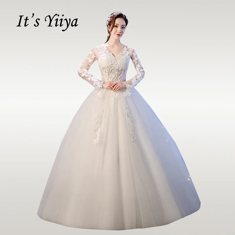 Это YiiYa свадебное платье с длинным рукавом v-образным вырезом белое свадебное платье es размера плюс на шнуровке длиной до пола vestido de novia XXN231