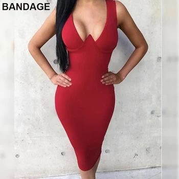 

2019 Summer Fashion Plunge Neckline Bandage Dress Knee Length Bodycon Sheath Party Red Dresses Women Fashion Night Out Outfits