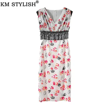 

2019 High Quality Women's Summer New V-neck Sleeveless Chiffon Printed Bag Hips Pleated One-piece Dress