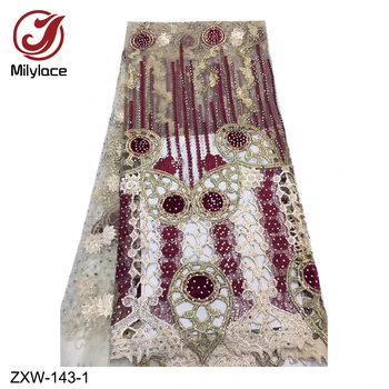 

African Wedding Dress Lace with Stone 5Yard African Wedding Lace Fabric High Quality Velvet Net Lace ZXW-143