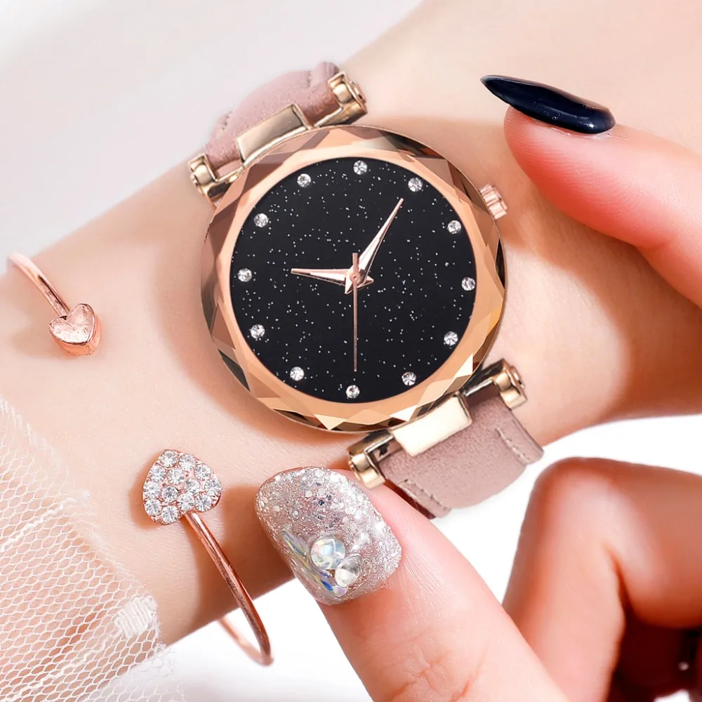 Топ часы женские модные часы ремешок для часов PU браслет Femme Montre звездное небо платье стразы женские Zegarek Damski