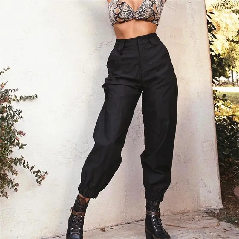 Женские осенние брюки повседневные Хип-хоп цепь брюки с высокой талией модные однотонные свободные уличные стильные женские брюки карго