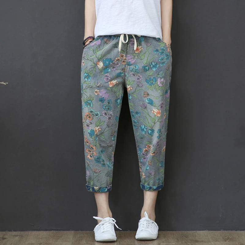 High Waist Jeans Woman Vintage Loose Summer Denim Pants Floral Print Capri Jeans For Women Short Harem Pants Vaqueros Mujer High Waist Jeans Woman Vintage Loose Summer Denim Pants Floral Print Capri Jeans For Women Short Harem Pants Vaqueros Mujer