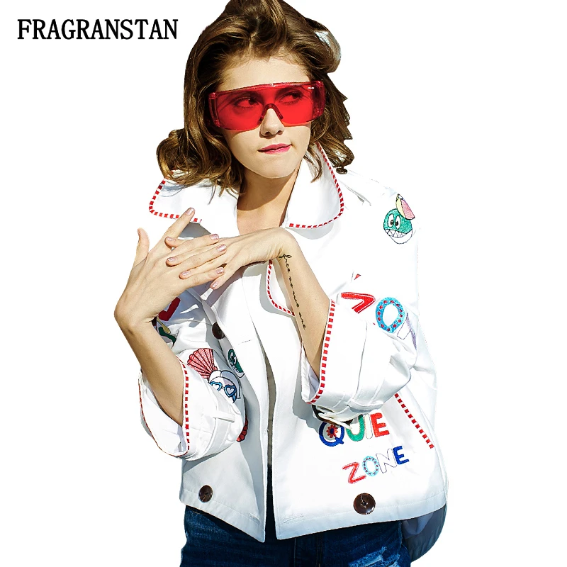 

Women 2018 Spring Autumn Fashion Turn Down Collar White Coat Female Letter Cartoon Embroidery Jacket Casual Loose Outwear JQ584