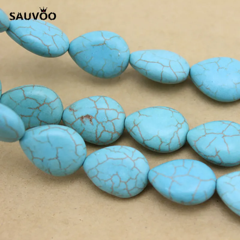 Sauvoo 1 Strand/lot Oval Flat Water Drop Blue Howlite Beads 13*17mm/15*19mm for DIY Handmade Bracelet Necklace Findings F1207 | Украшения и