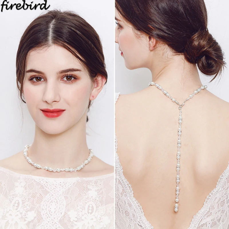 Elegant Pearl Chain Backdrop Necklace For Bride Bridesmaid Tassel Back