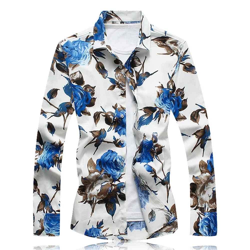 

2018 Spring Autumn Fashion Long Sleeve Dress Shirt Slim Fit Cotton Men's Shirt Floral Plus Size Casual Social Shirt Male M-7XL