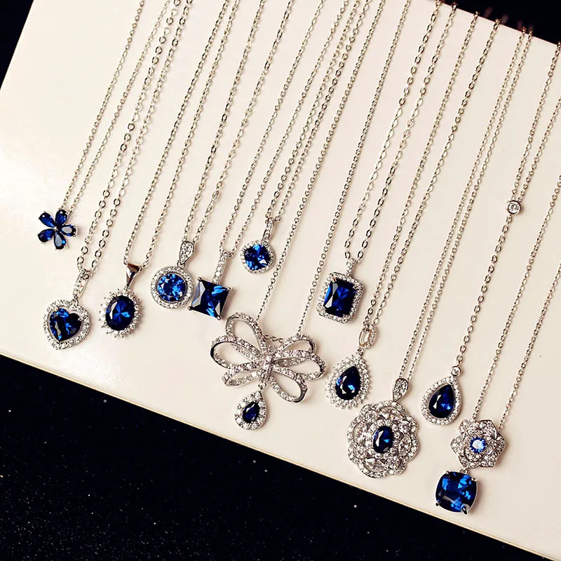 

Fashion Royal Blue Cubic Zirconia Necklace Rose Flower Square Shape Stone Bowknot Heart Rectangle Pendant Various Women Jewelry
