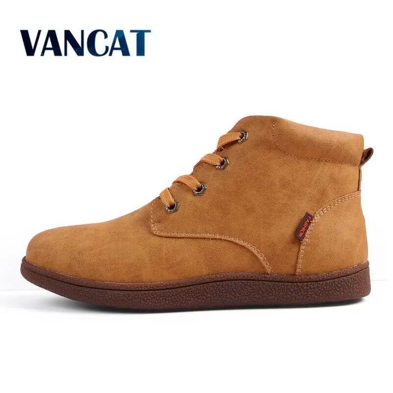 

Vancat Fashion Men Boots High Quality Split Leather Ankle Snow Boots Shoes Warm Fur Plush Lace-Up Winter Shoes Plus size 38~46