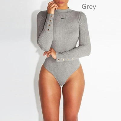 Женские Боди с длинным рукавом, модные эластичные женские боди с пуговицами, однотонные тонкие повседневные женские комбинезоны, осенняя одежда - Цвет: Grey