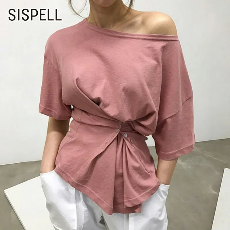 

SISPELL Summer Off Shoulder Women T Shirt O Neck Short Sleeve Slim Button Hem Irregular Solid Clothing Female Fashion New Casual
