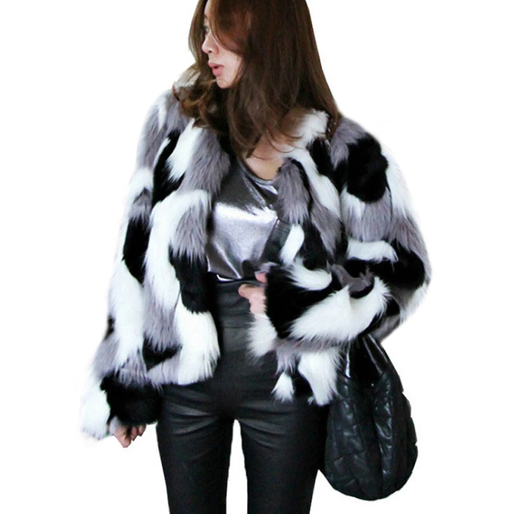 Fashion Women Mixed Color Faux Fur Coat Fluffy Winter Jacket Elegant Shaggy Ladies Short Outwear Coats Plus Size S-6XL | Женская одежда