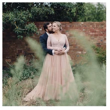 Chiffon Wedding Dress long Sleeves 2018 Pink V-neck Lace Bride Dresses Hot sale Lace Top Sweep-floor Wedding Gowns Custom Made цена Chiffon Wedding Dress long Sleeves 2018 Pink V-neck Lace Bride Dresses Hot sale Lace Top Sweep-floor Wedding Gowns Custom Made цены онлайн