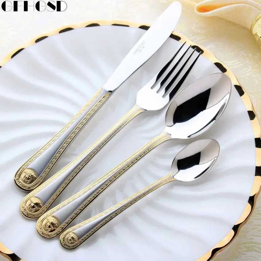 4 pcs/set Vintage Western Gold Plated Dinnerware Dinner Fork Knife Set