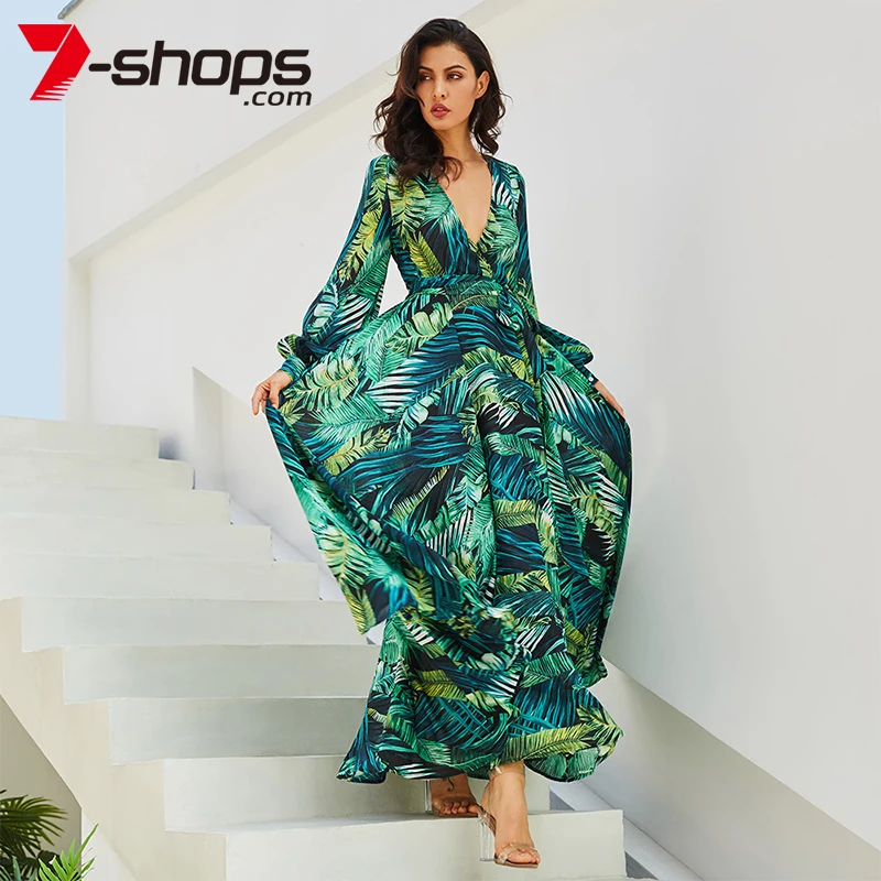 Goede Zomer Strand Maxi Jurk Vrouwen Diepe V hals Print Party Dress Lace Up Sexy Dames Bohemian Jurken Elegante Lange jurk